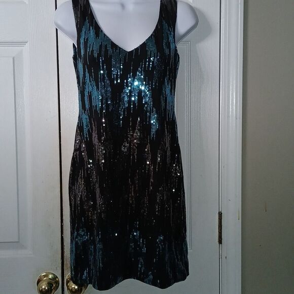 As U WIsh sleeveless sequin mini  black turquois dress Sz  S NWOT - Picture 1 of 7